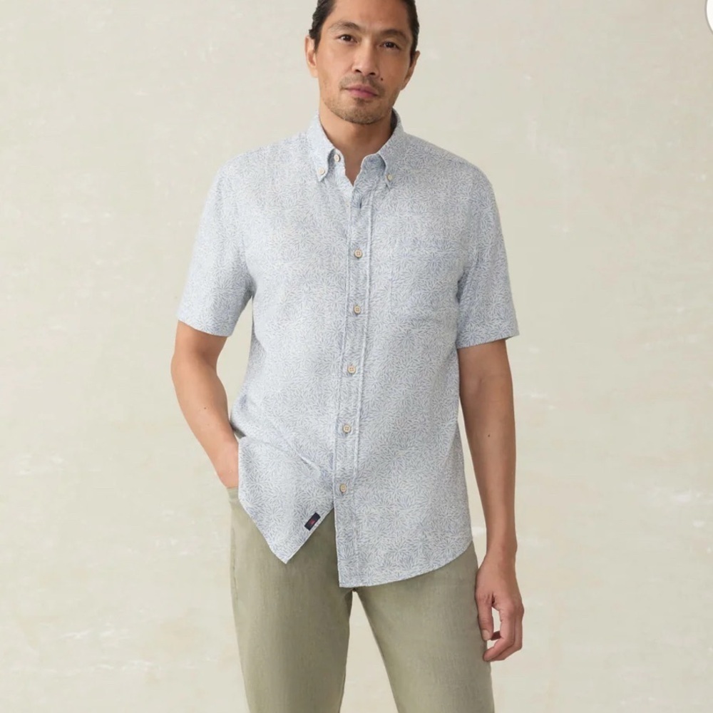 FAHERTY Breeze Shirt — Sky Blue Frond | Size XXL hemp blend
